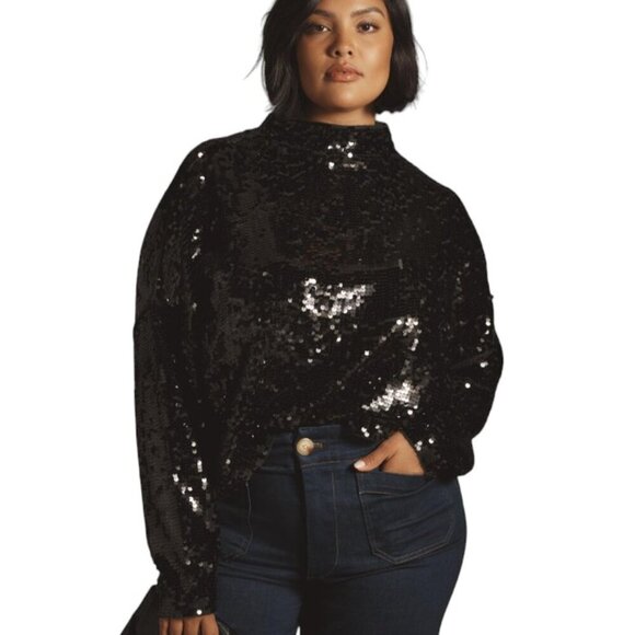 Anthropologie Pilcro The Alani Cashmere Mock-Neck Sweater Sequin Ed. Black, XL - Picture 1 of 10